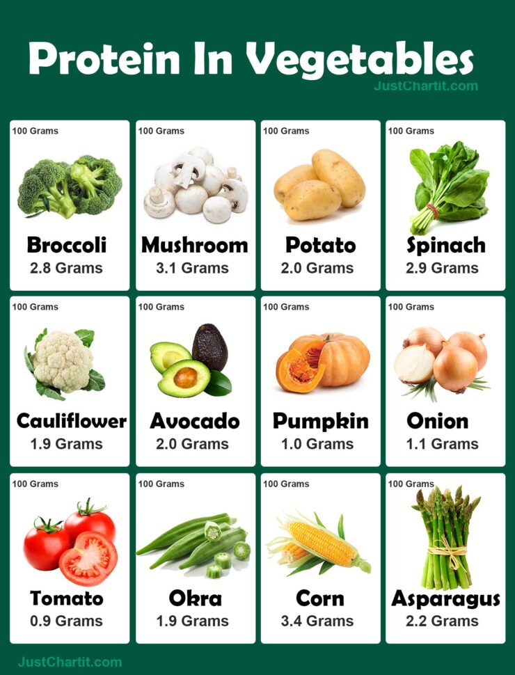 list of vegetables that contain protein content per 100 grams. high and low protein vegetable chart