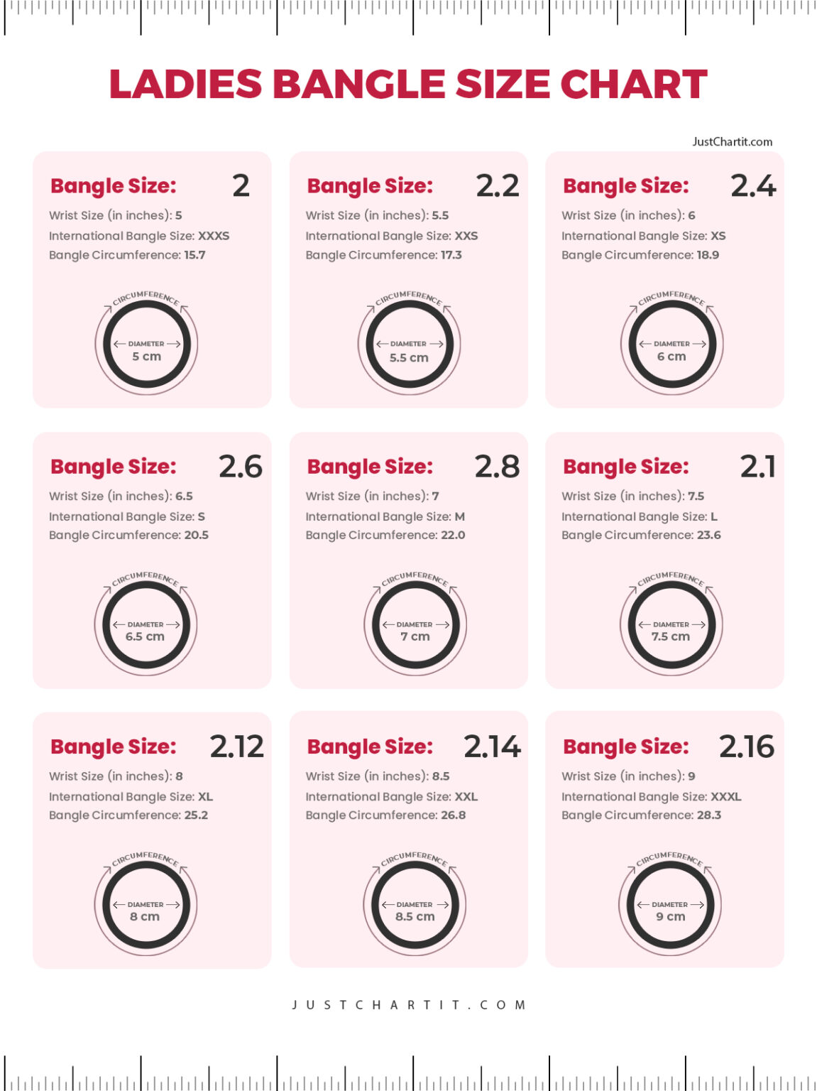 Bangle Size Chart in cm and inches by Wrist size